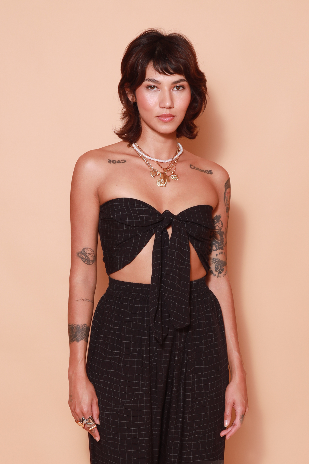 Top amarração estampado Grade preto