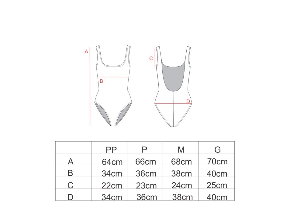 Tabela de medidas para o body básico com PP AMP