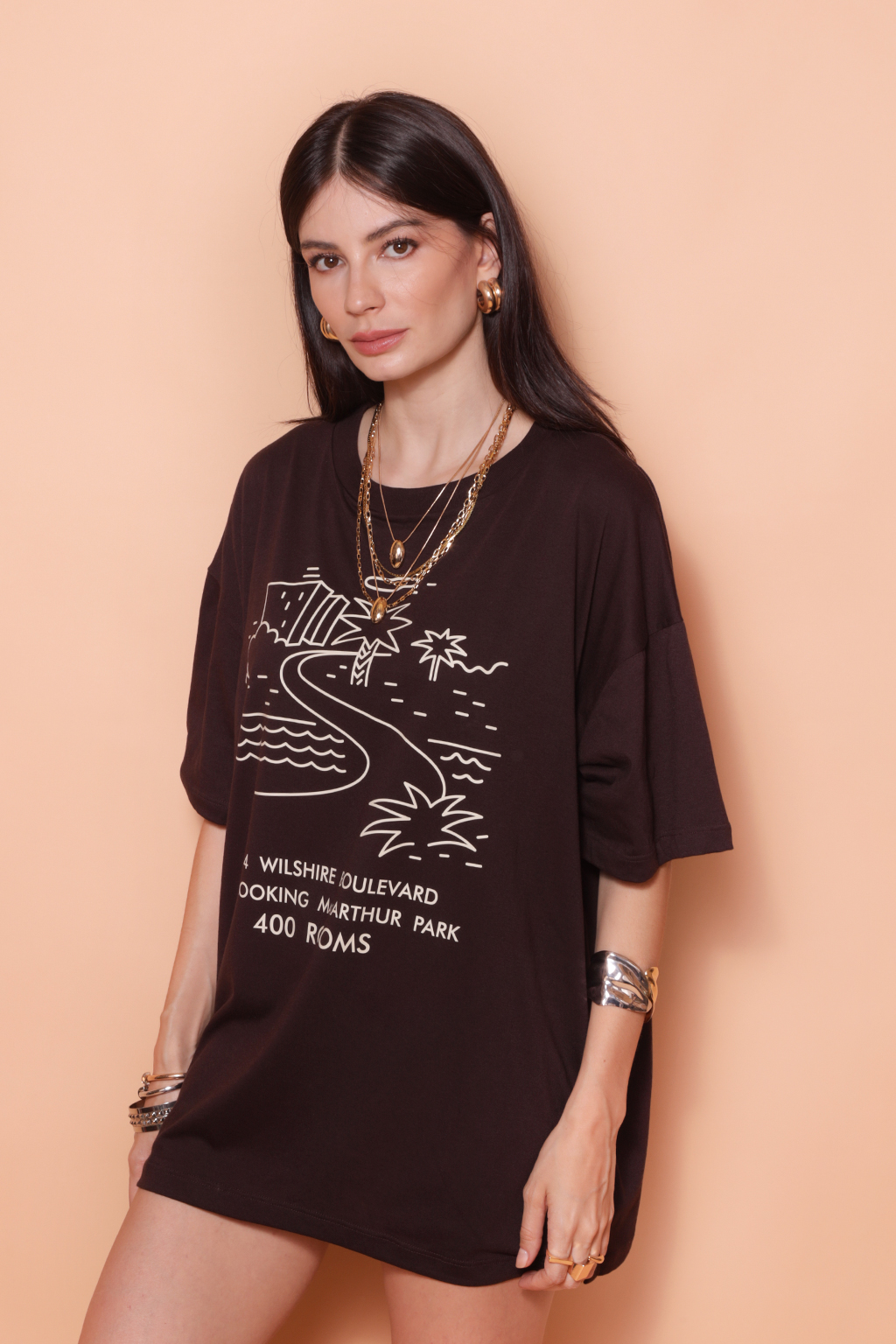 Camiseta oversize marrom estampada MacArthur Park DTF