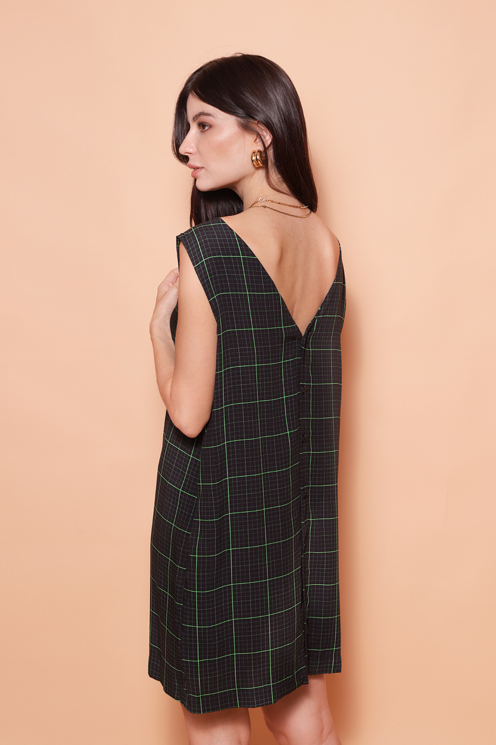 Vestido botão curto estampado Grade verde