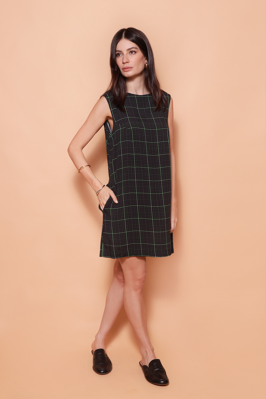 Vestido botão curto estampado Grade verde