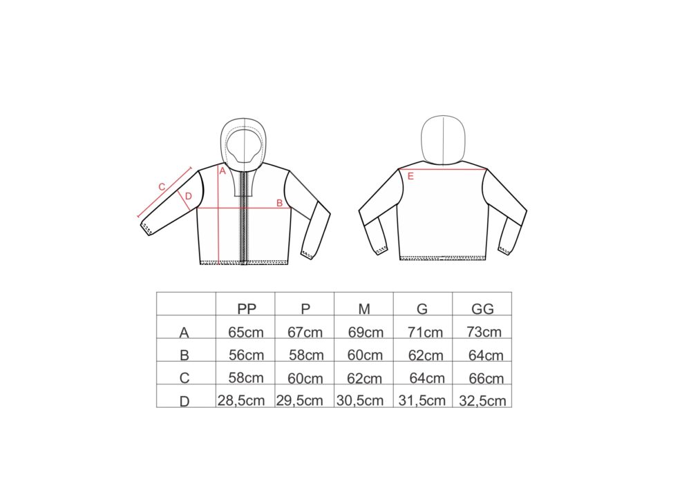 Tabela de medidas para a jaqueta com capuz AMP PP ao GG
