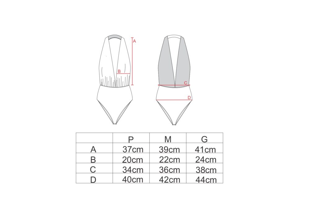 Tabela de medidas para o body frente única AMP