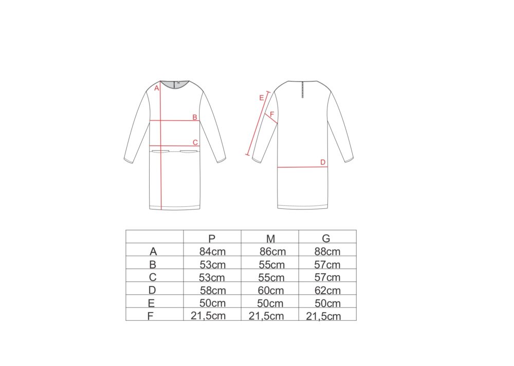 Tabela de medidas para o vestido manga longa com bolso AMP