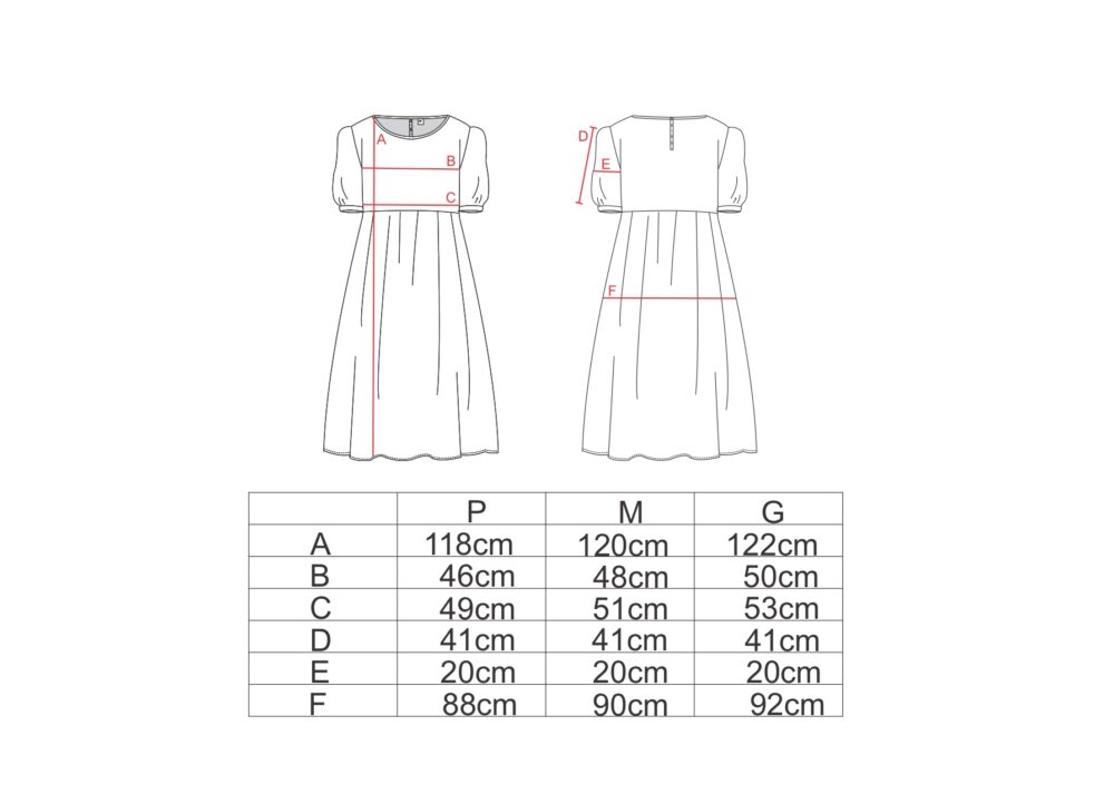 Tabela de medidas para o vestido manga bufante 3/4 AMP