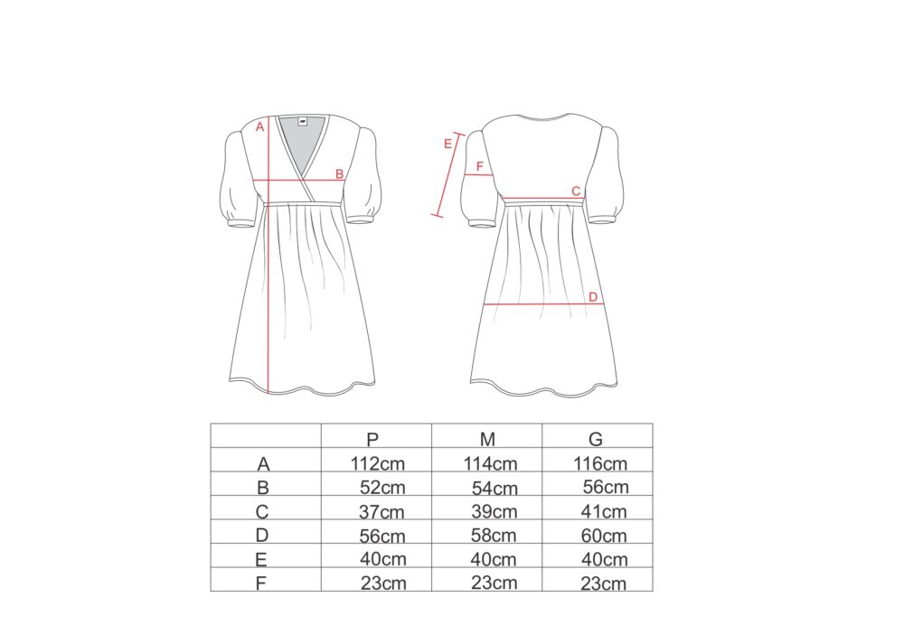 Tabela de medidas para o vestido midi transpassado manga 3/4
