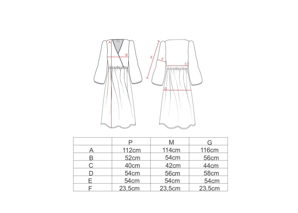 Tabela de medidas para o vestido transpassado manga longa AMP