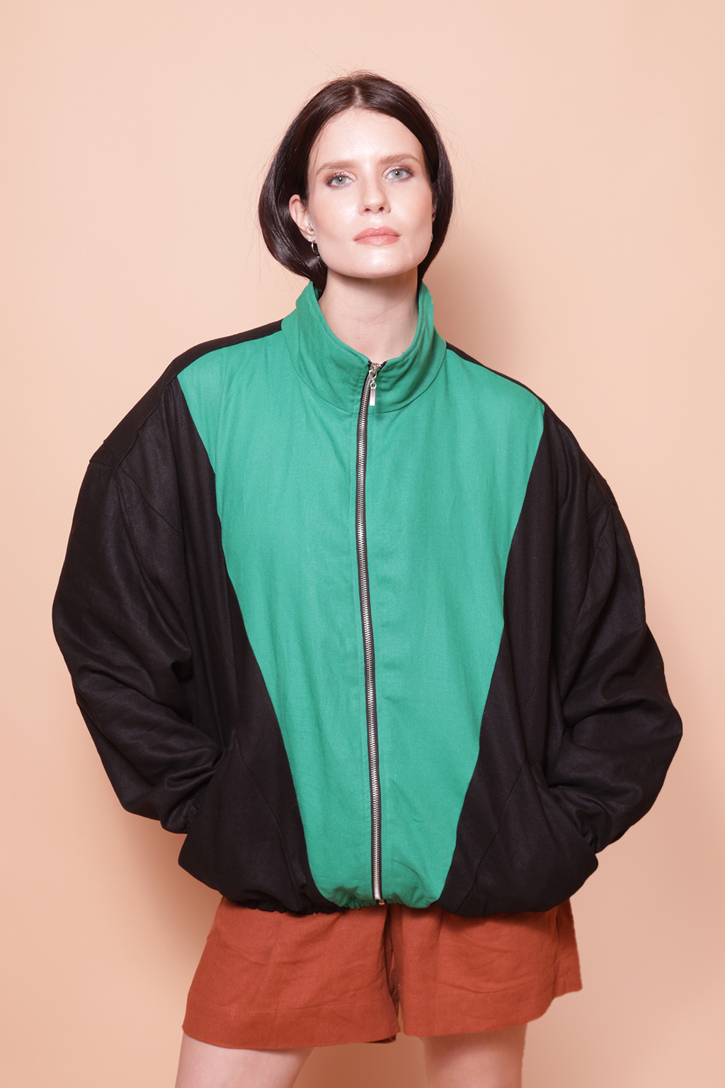 Jaqueta oversize linho preto e verde