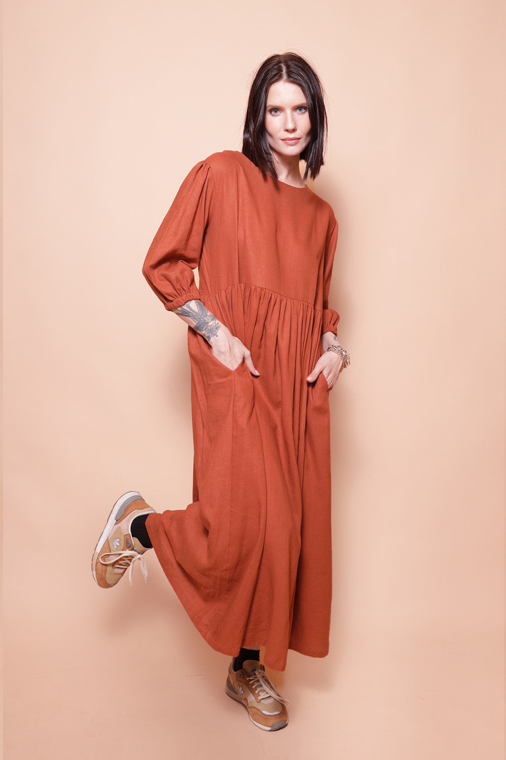 Vestido manga bufante 3/4 linho tijolo