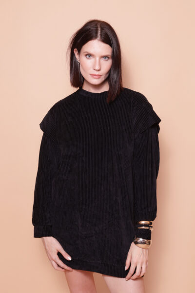 Vestido curto manga sobreposta plush preto