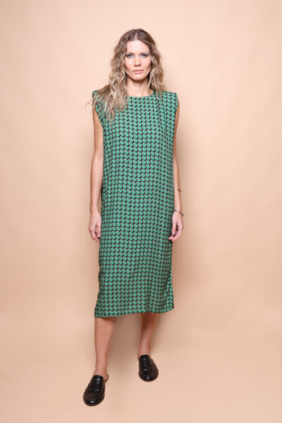 Vestido midi ombreira estampado Cubos Verdes