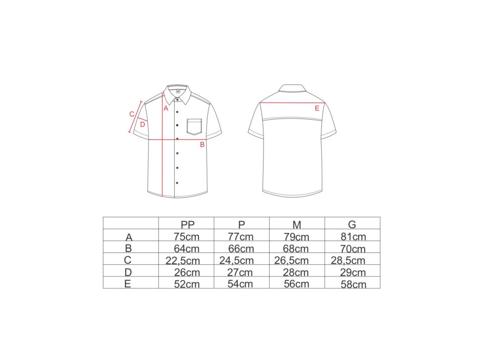 Tabela de medidas para a camisa ampla com pp