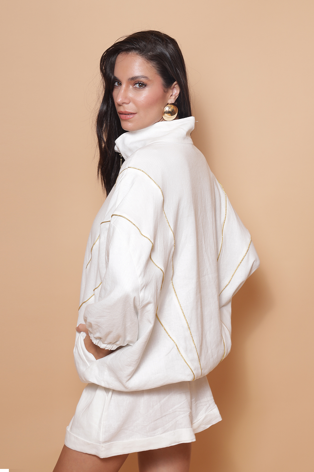 Jaqueta oversize linho off-white e dourado