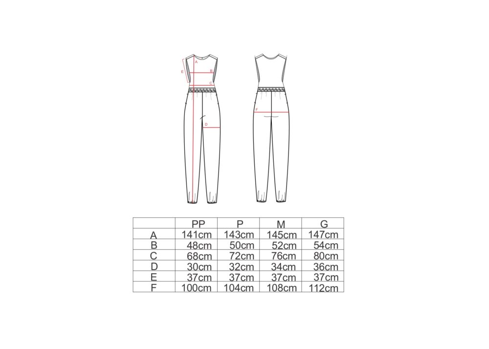 Tabela de medidas para o macacão cavado AMP com PP