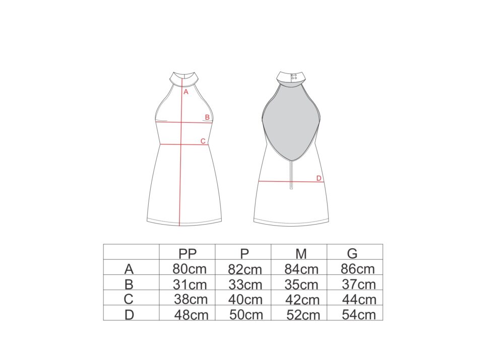 Tabela de medidas para o vestido gola alta decote costas AMP