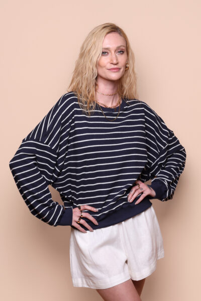 Blusão curto moletinho listrado azul