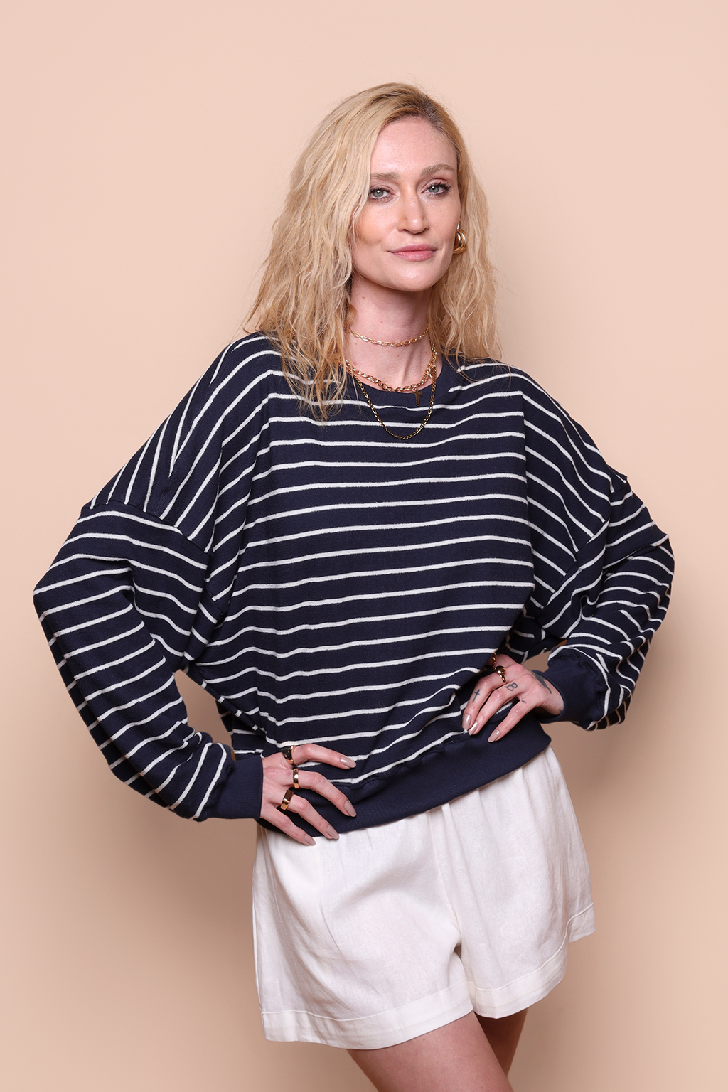 Blusão curto moletinho listrado azul