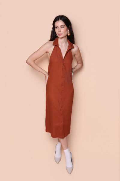 Vestido frente única linho tijolo