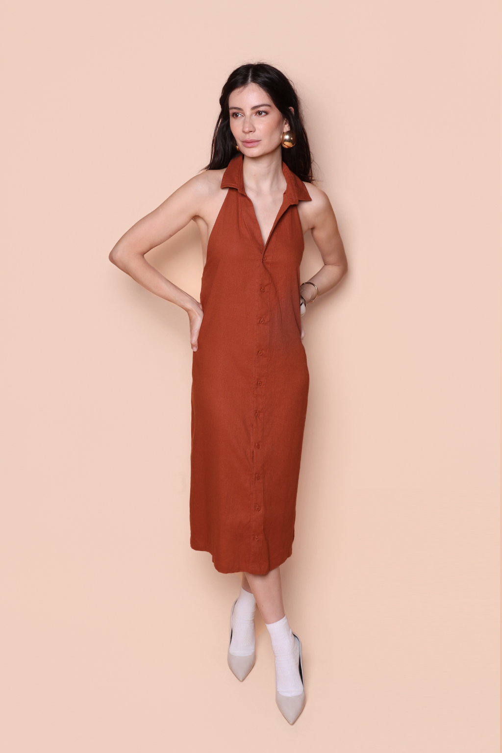 Vestido frente única linho tijolo