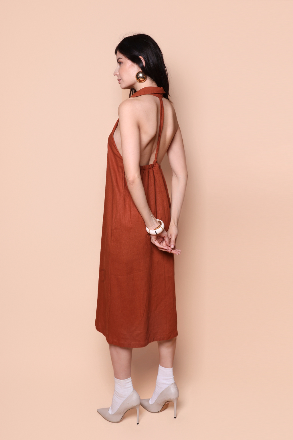 Vestido frente única linho tijolo