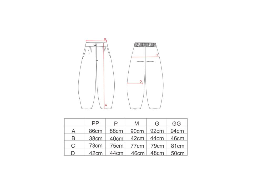 Tabela de medidas para a calça ampla AMP
