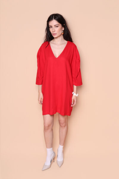 Vestido gola V linho vermelho