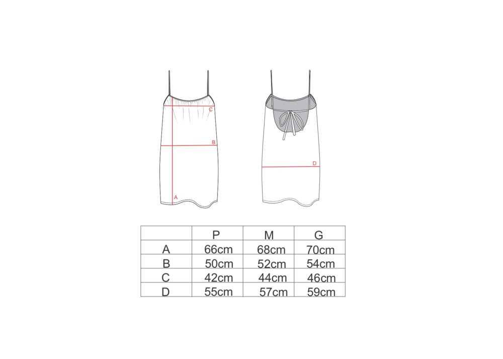 Tabela de medidas para o vestido curto alcinha amarração AMP