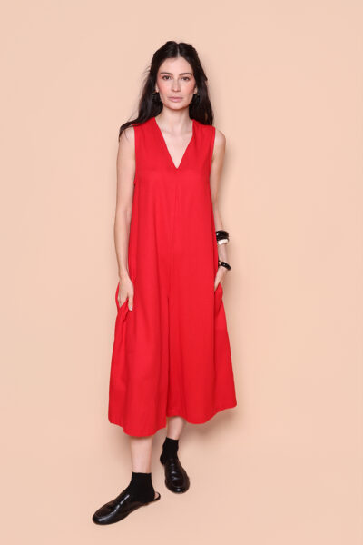 Macacão gola V linho vermelho