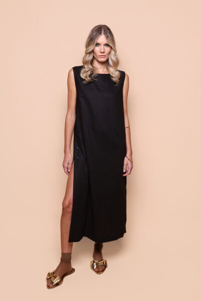 Vestido fenda botão pressão linho preto