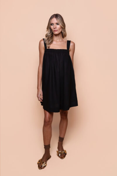 Vestido balonê alças grossas linho preto