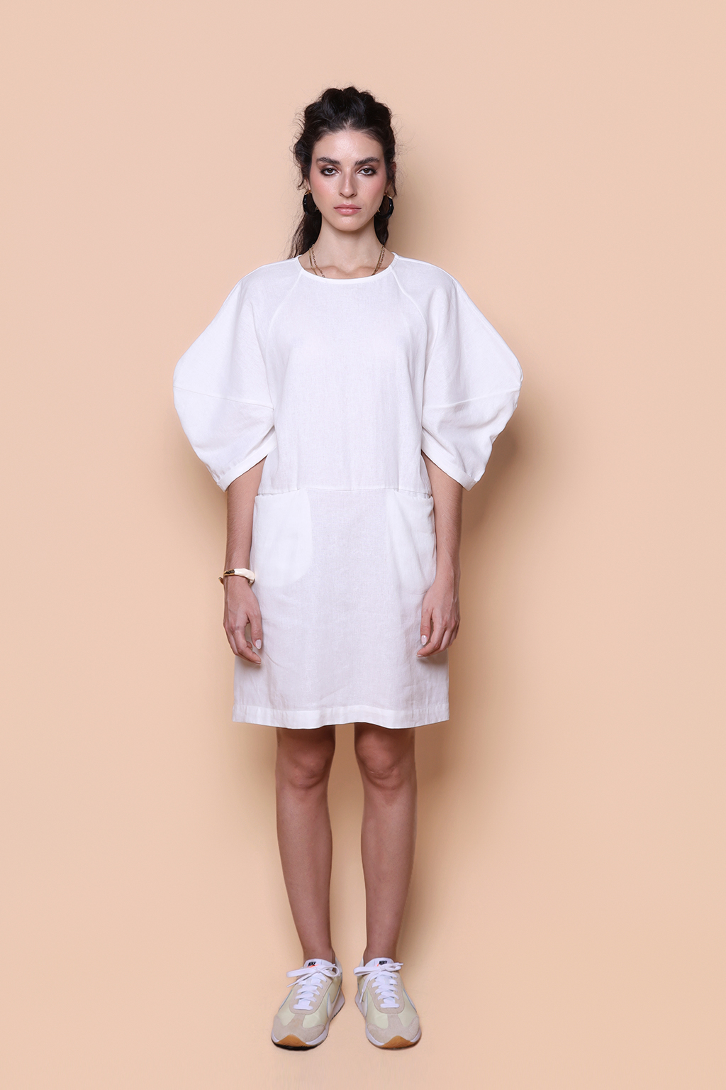 Vestido manga quadrada linho off-white