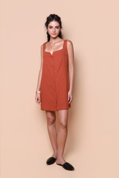 Vestido regata botão linho tijolo