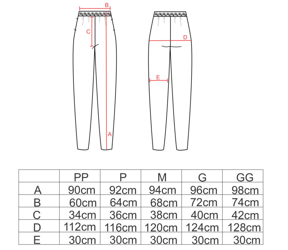 Tabela de medidas para a calça reta AMP
