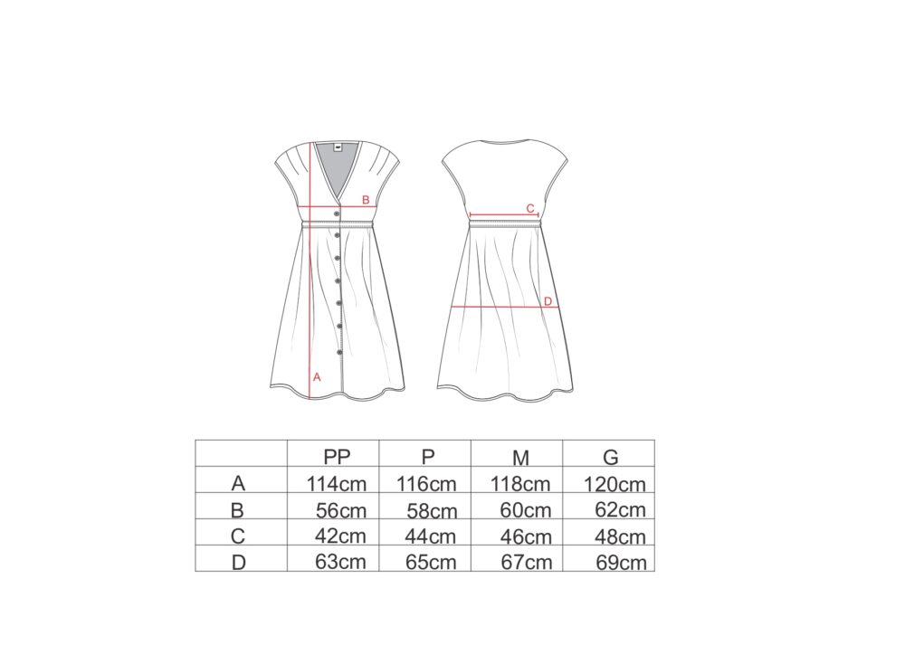 Tabela de medida para o vestido acinturado AMP