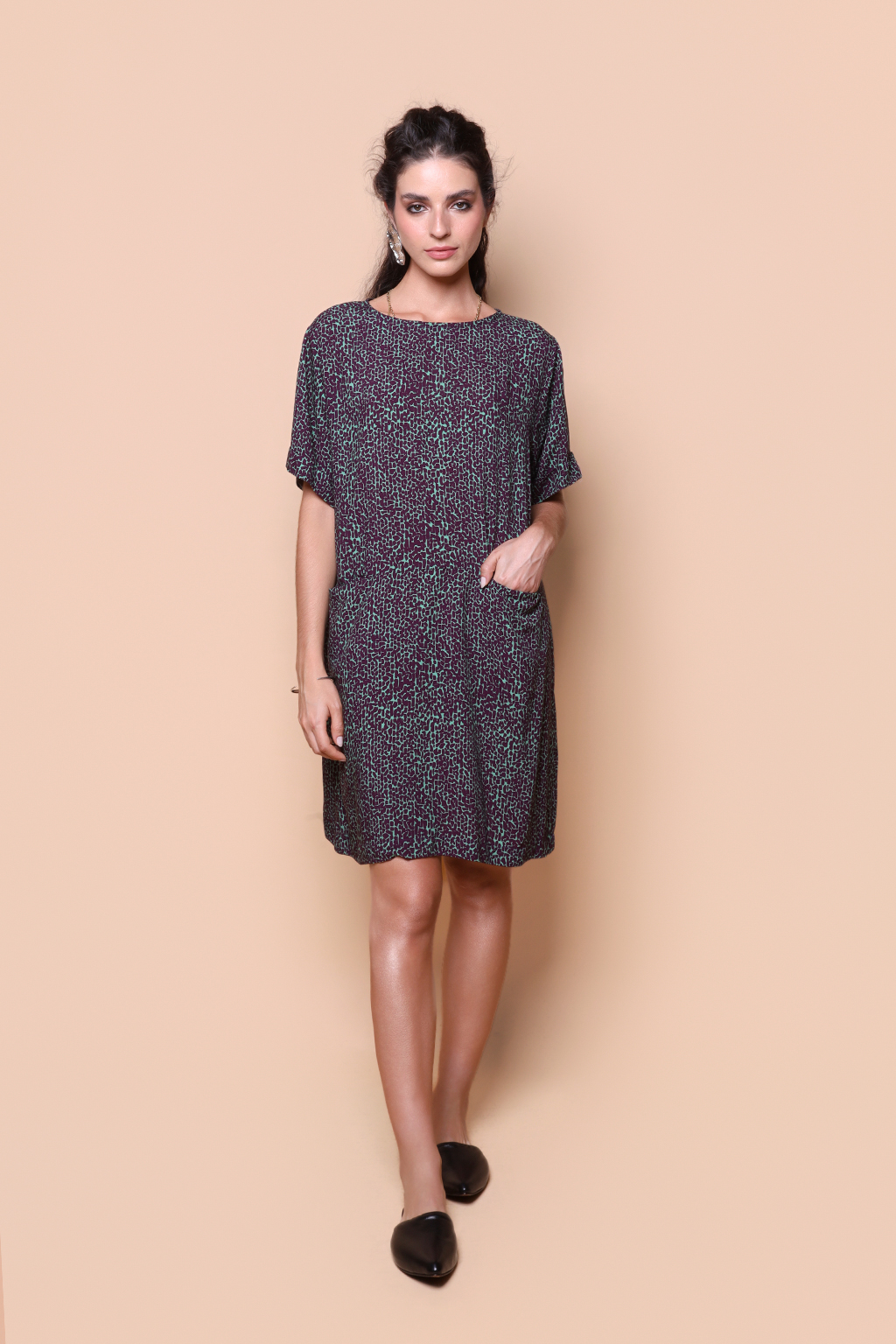 Vestido dois bolsos estampado Desfiladeiro ametista