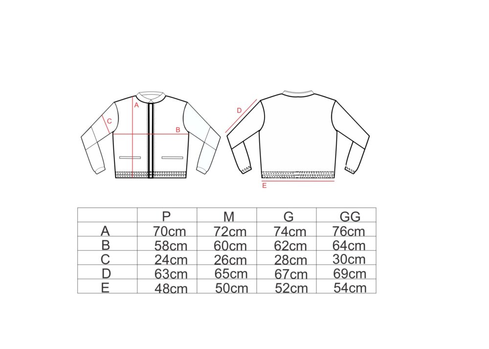 Tabela de medidas para a jaqueta AMP