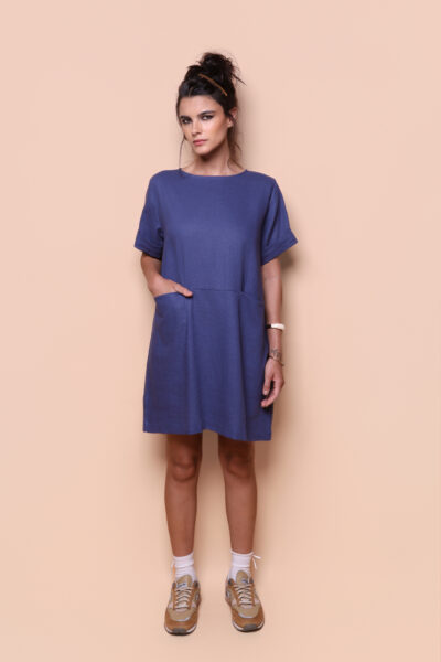 Vestido dois bolsos linho azul