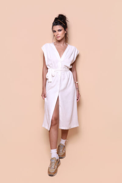 Vestido acinturado linho off-white