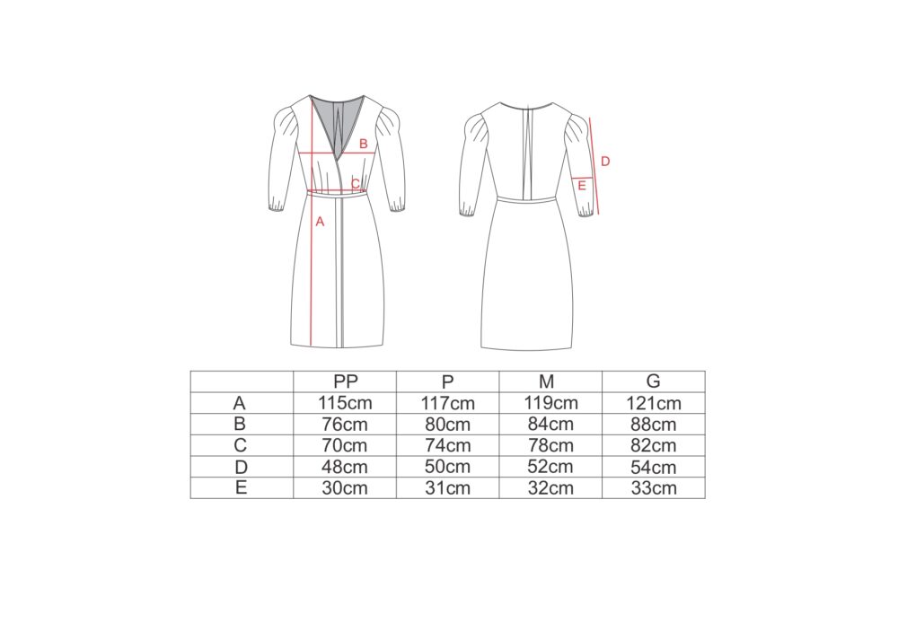 Tabela de medidas para o vestido transpassado pregas AMP