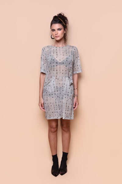 Vestido dois bolsos tule estampado Polka