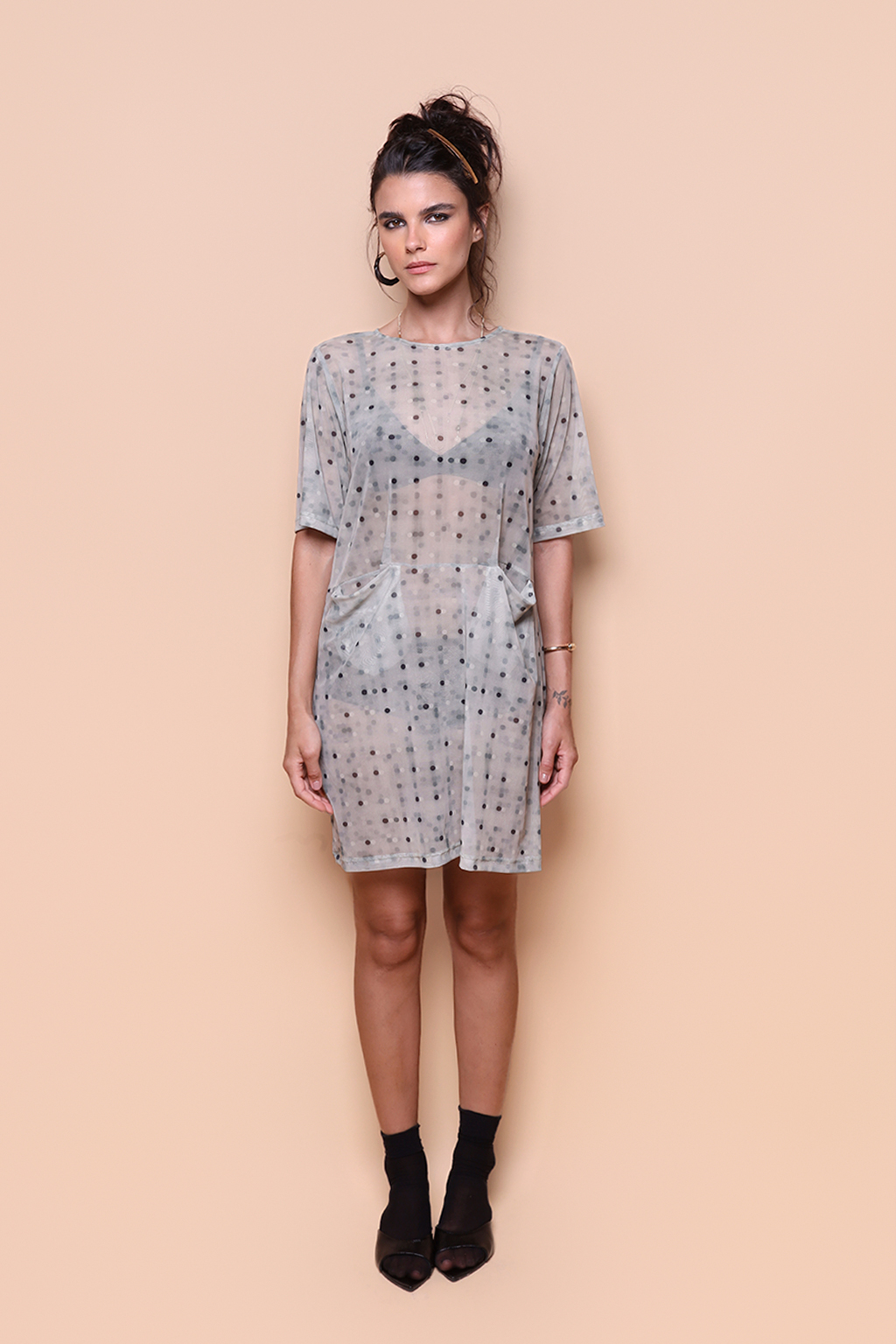 Vestido dois bolsos tule estampado Polka