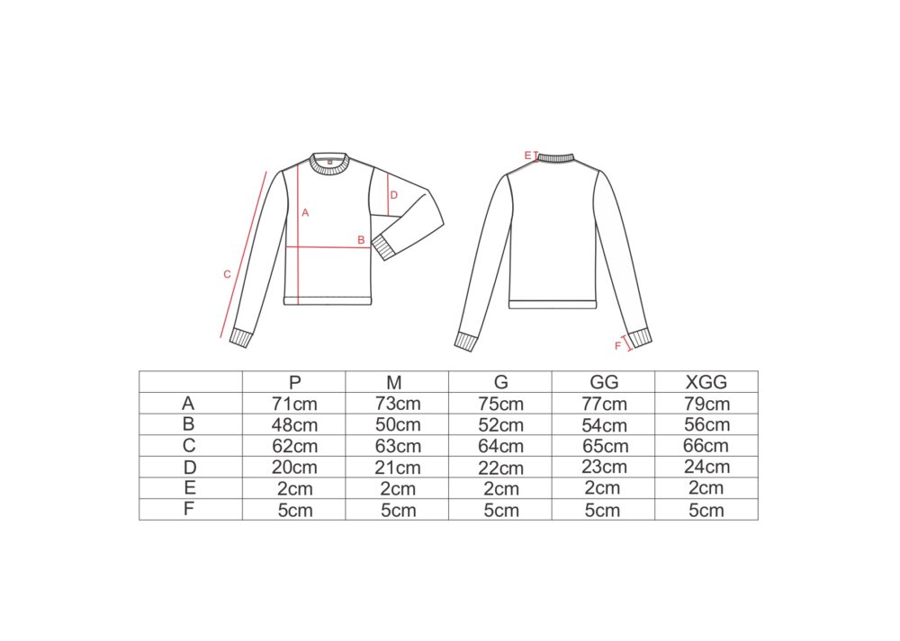 Tabela de medidas para a camiseta manga longa AMP