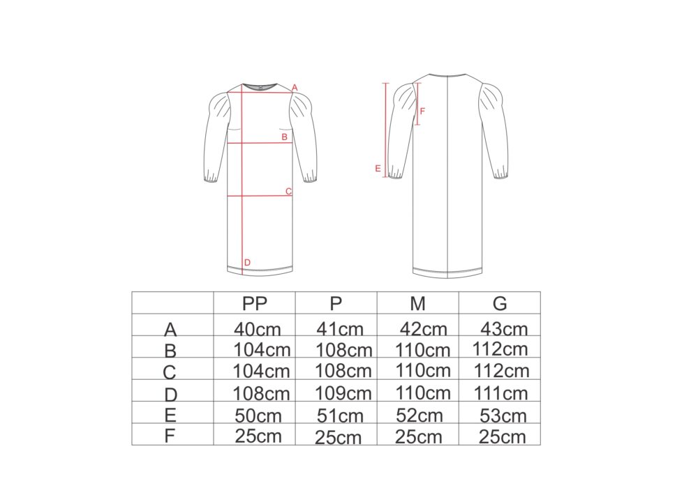 Tabela de medidas para o vestido manga bufante viscose com tule AMP