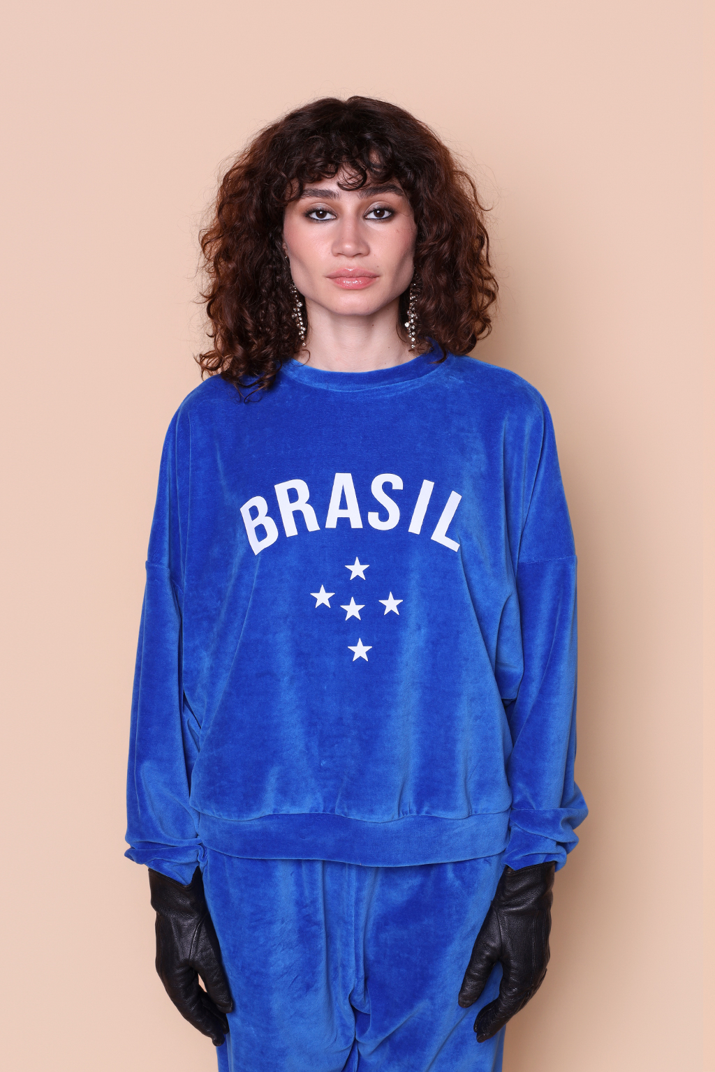 Blusão curto plush azul Brasil