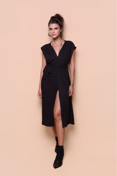 Vestido acinturado viscose creponada preto