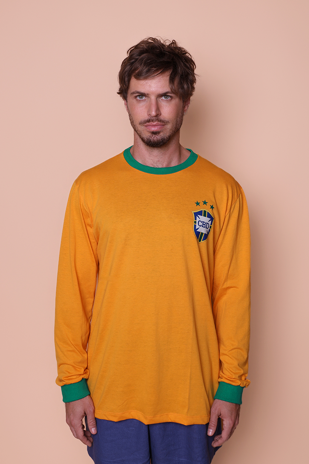 Camiseta manga longa amarela Seleção de 78 gola verde