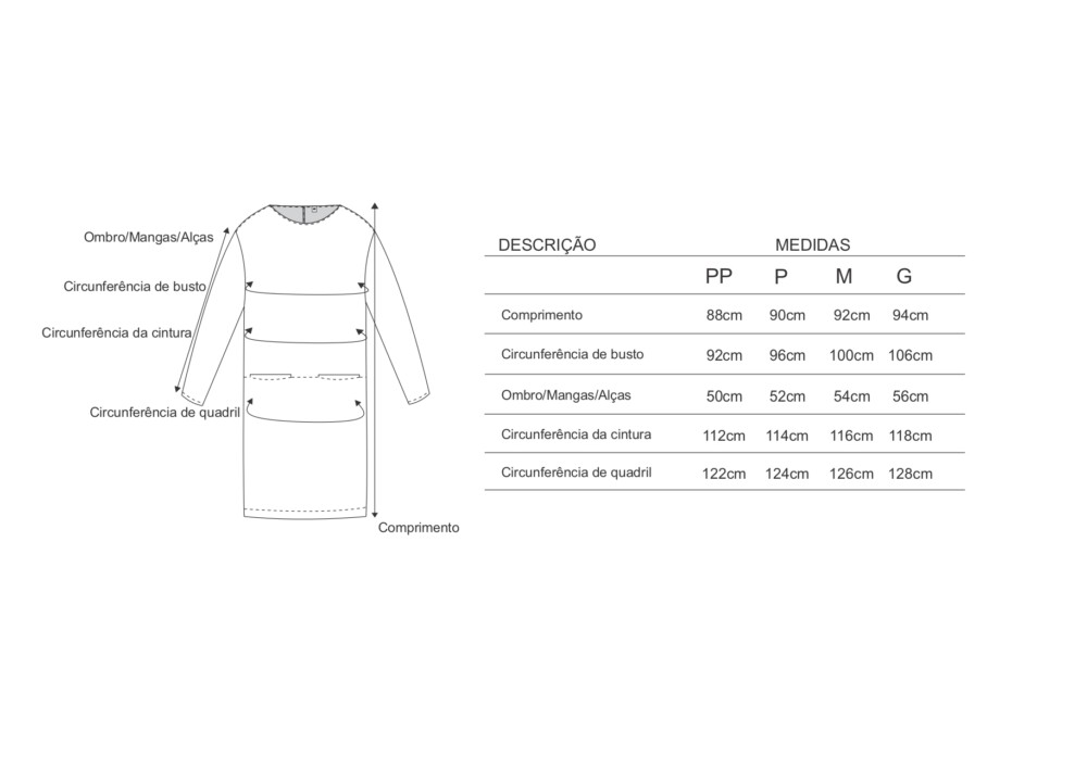 Tabela de medidas para o vestido dois bolsos manga longa AMP