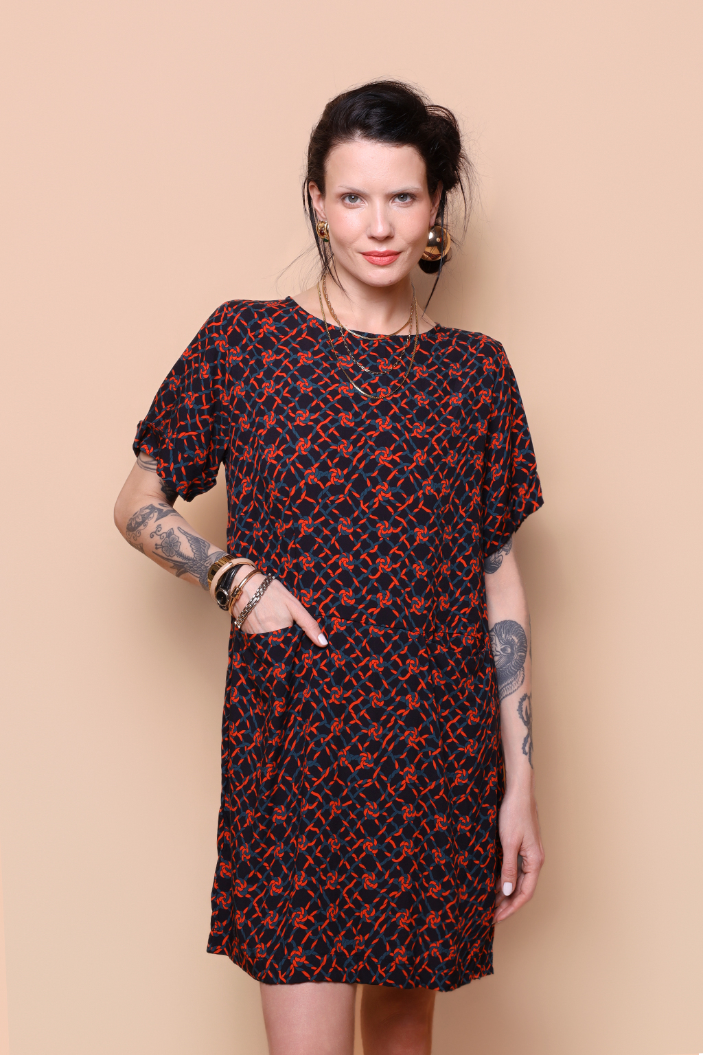 Vestido dois bolsos Cadeia vermelha