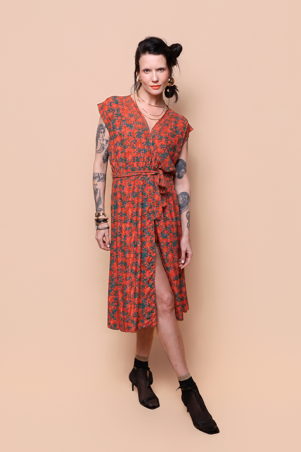 Vestido acinturado estampado Mato Grosso