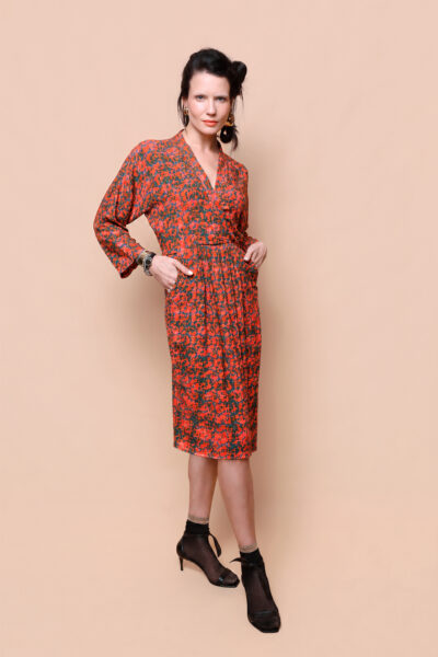 Vestido transpassado manga longa estampado Mato Grosso